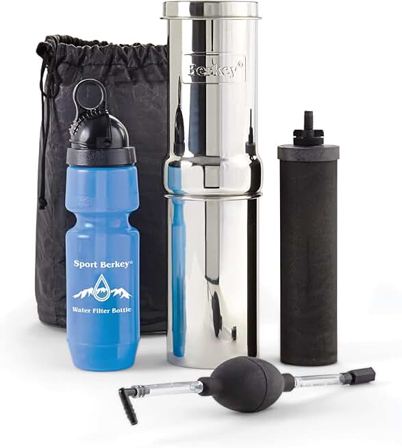 Go Berkey Water Filter Kit with 1 Qt. Berkey Gravity Fed Water Filter System, Berkey Sport Bottle and Black Berkey Primer