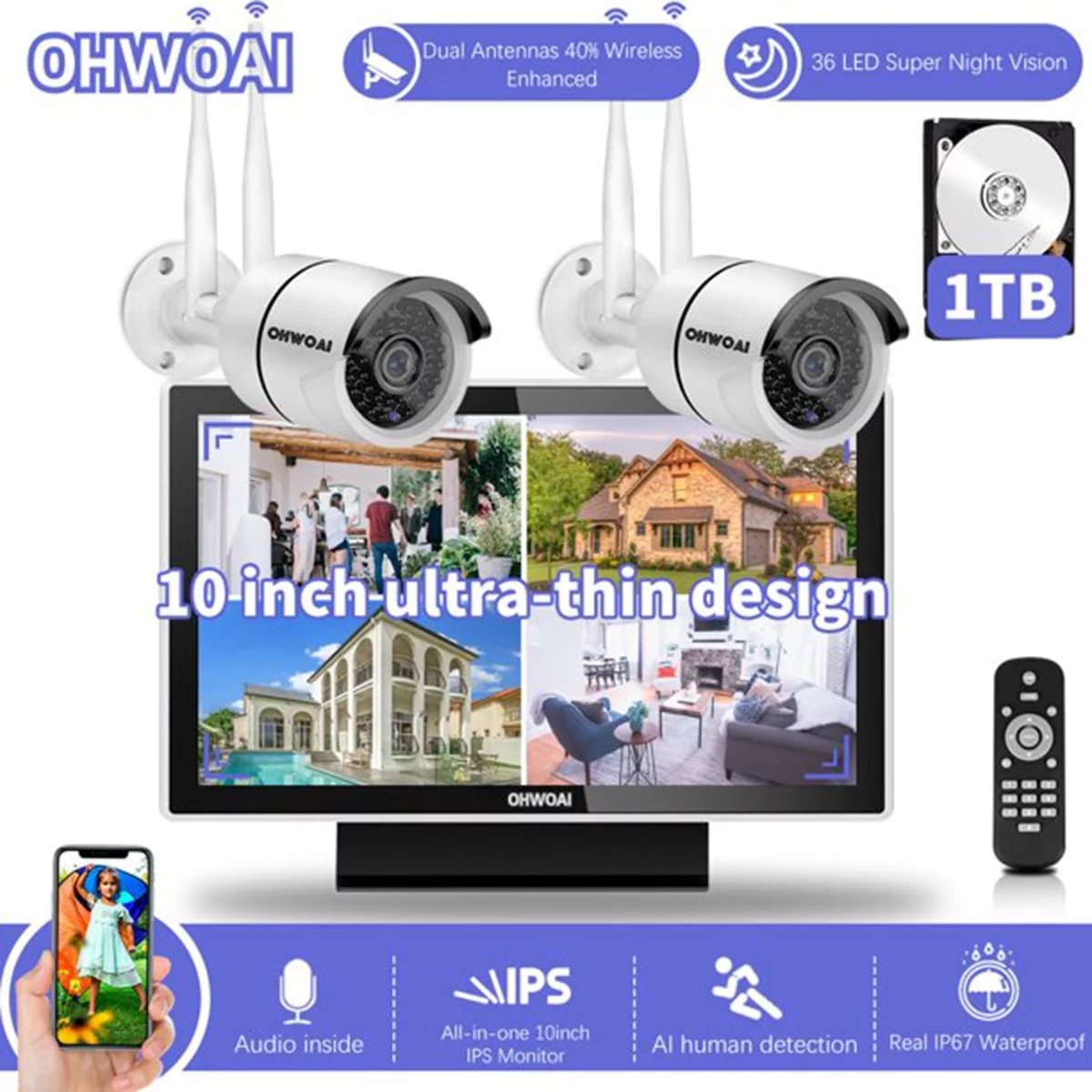 OHWOAI 8 Channel 5.0MP NVR 2pcs Wireless 2K 3.0MP Indoor/Outdoor Surveillance Camera System with 1TB Hard Drive