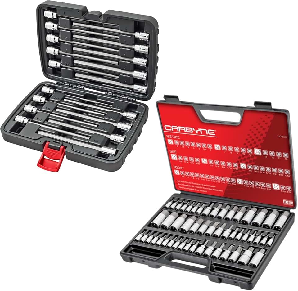 CARBYNE 50 Piece Master Torx, SAE & Metric Hex Bit Socket Set AND 18 Piece Extra Long Hex Bit Socket Set (SAE & Metric). 68 Standard & Extra Long Hex Bit Sockets.