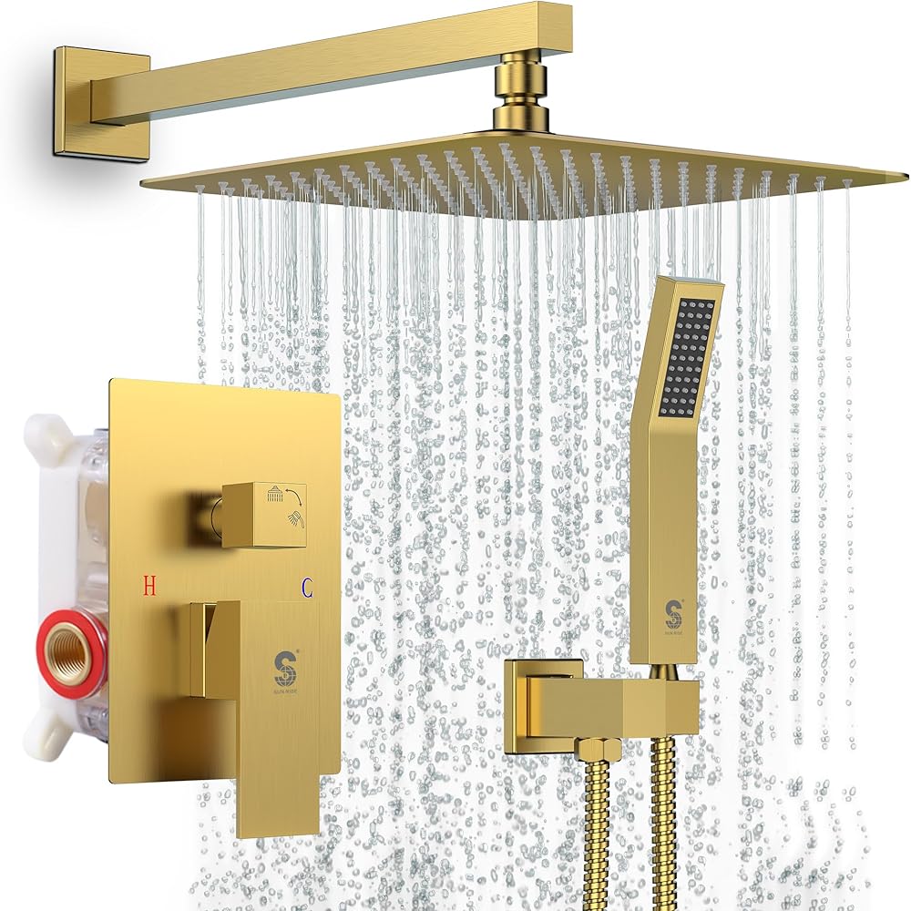 SR SUN RISE Shower Faucets Sets Complete Brushed Gold Square Rain Shower Head with Handheld Spray All Metal Shower Faucet Trim Repair Kits (Contain Shower Valve)