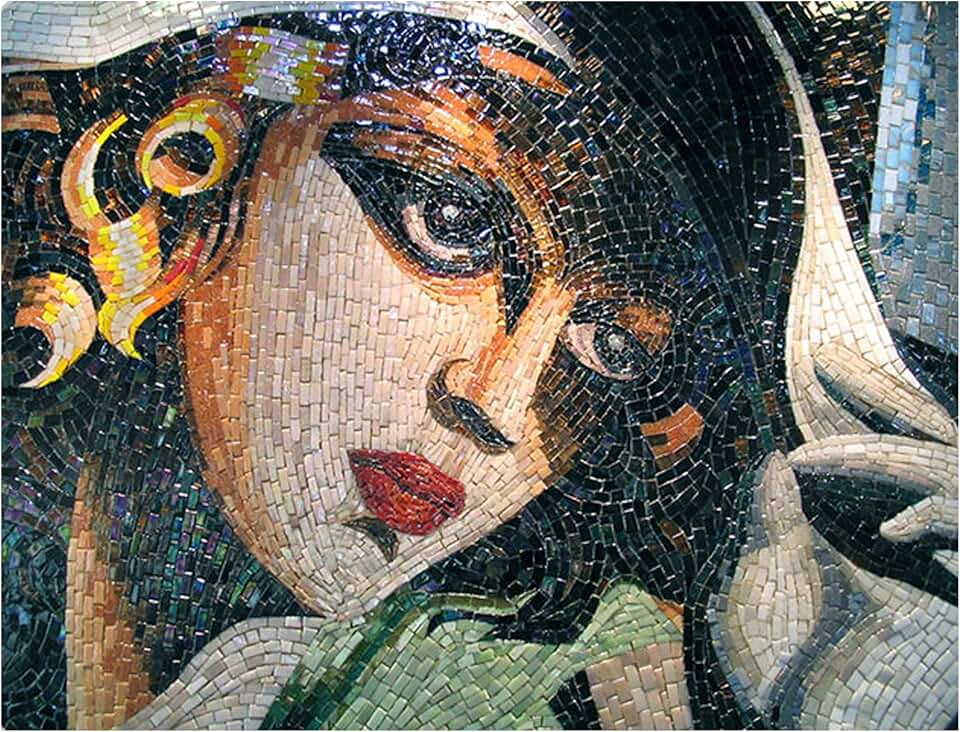 Woman In A Hat | Captivating Mosaic Wall Art | Mosaic Mural By Mosaics Lab | Handmade With Glass | This Masterpiece Is Great As Wall Art | Perfect For Any Bathroom, Or Your Living Space.