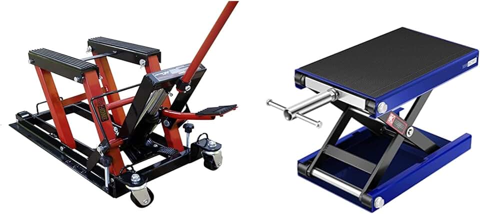 VIVOHOME Steel Hydraulic Motorcycle ATV Lift Jack Hoist Stand 1500 lbs with VIVOHOME Steel Motorcycle ATV Wide Deck Scissor Lift Jack Crank Hoist Stand 1100 lbs Blue