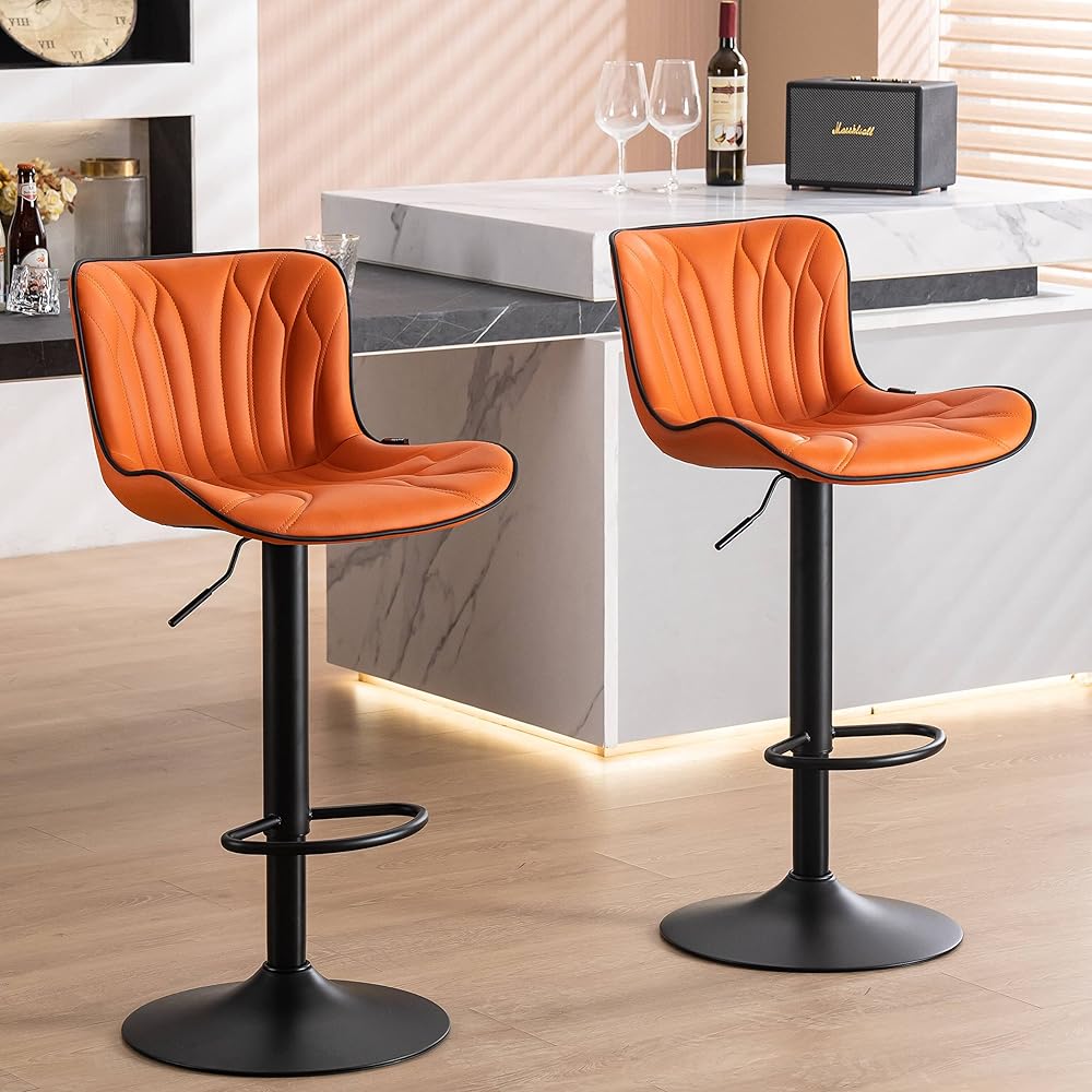 YOUNIKE Orange Bar Stools Set of 2 Modern Swivel Counter Height Bar Chair with back Adjustable Kitchen Island Faux Leather Padded Barstools Metal taburetes de bar Breakfast sillas para barra de cocina
