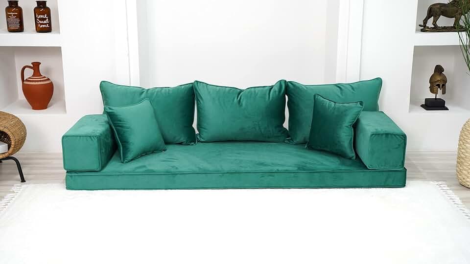 Velvet Luxury Dark Green Color Floor Seating, Velvet Fabric Cushions, Velvet Sofa, Velvet Floor Sofa, Velvet Sectional Sofa, Velvet Floor Couches (4'' Thickness Sofa)