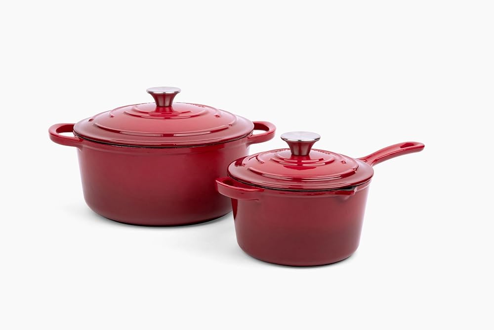 Larder & Vine 4-Piece Enameled Cast Iron Set, Oven Safe and Suitable for All Cooktops – includes 5.7 Quart Dutch Oven Pot with Lid and 2.2 Quart Saucepan with Lid (Cabernet)