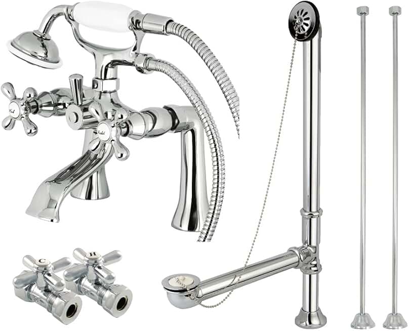 Kingston Brass CCK268C Vintage Deck Mount Clawfoot Tub Faucet Package, Polished Chrome 7 Inch