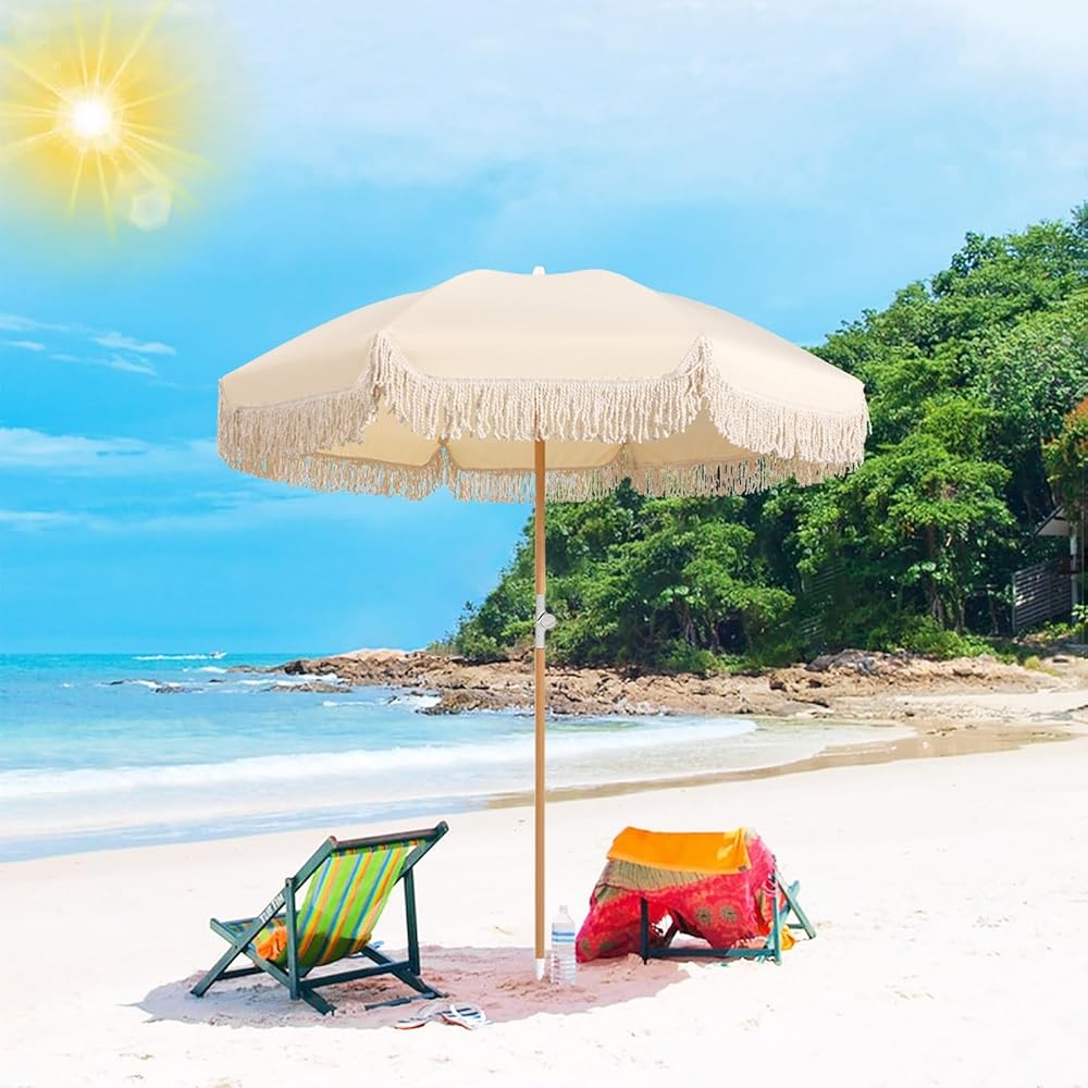 6ft Beige Large Patio Umbrella Tilt Boho Beach Umbrellas For Sand Fringe Outdoor Patio Table Umbrella UV Protection Portable Backyard Umbrella Waterproof Garden Umbrella 8 Ribs For Outside Holiday/Car