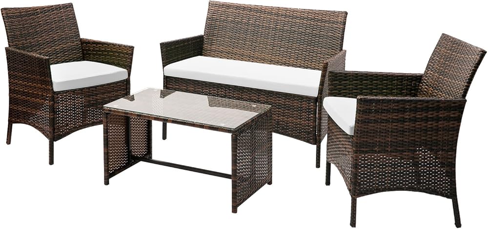 Leisure Zone 4 PC Rattan Patio Furniture Set Wicker Conversation Set Garden Lawn Outdoor Sofa Set with Cushioned Seat and Tempered Glass Table Top (Beige)