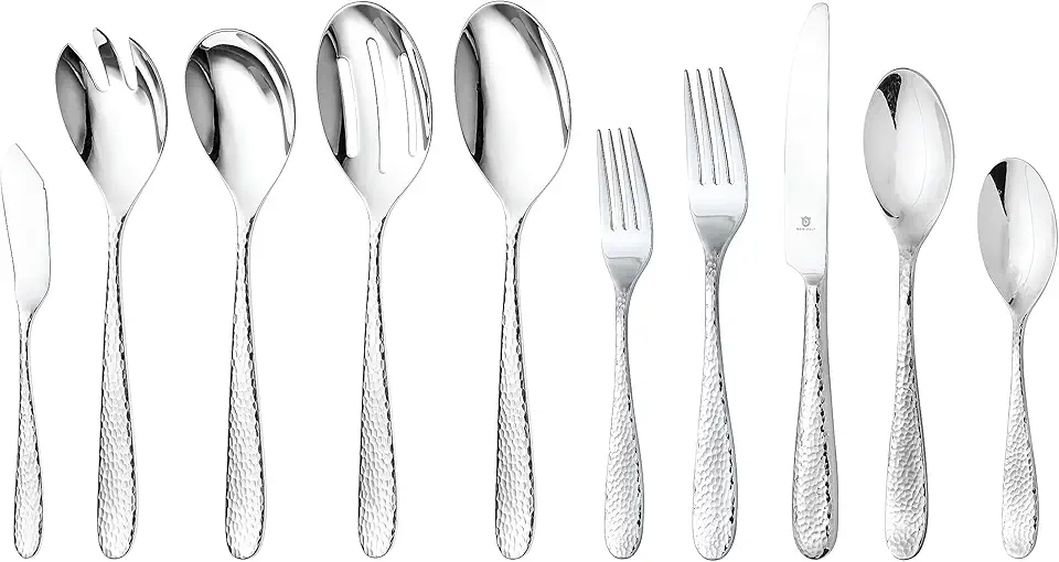 Danialli Fidenza 45-Piece Silverware Set for 8 | Hostess Serving Utensils | Premium Stainless Steel Flatware | Modern Hammered Design | Mirror-Polished & Dishwasher Safe | Elegant Cutlery