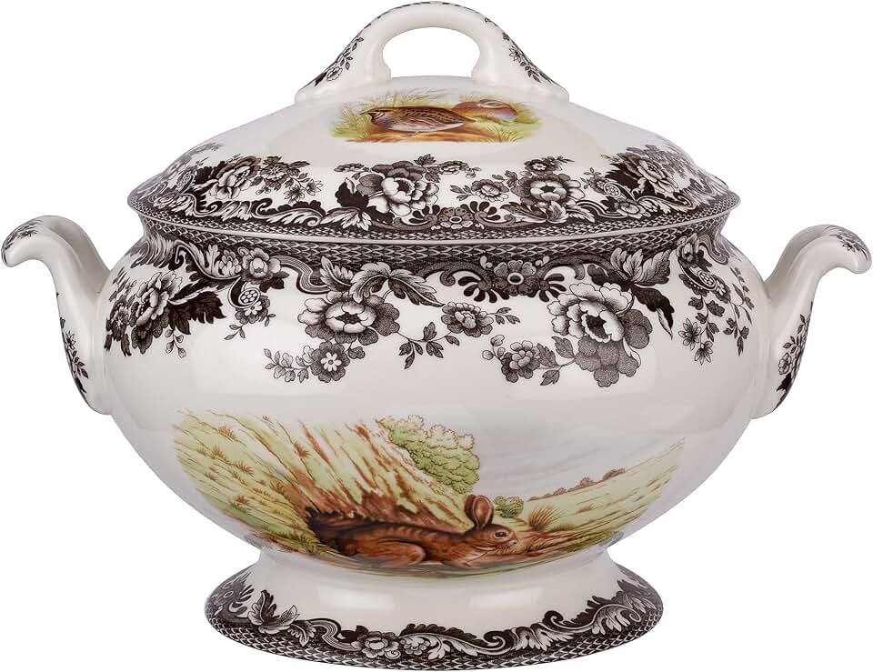 Spode Woodland Soup Tureen with Rabbit, Quail, and Pintail Motifs | 4.25 qt Covered Soup Tureen | Made from Fine Earthenware | Microwave and Dishwasher Safe