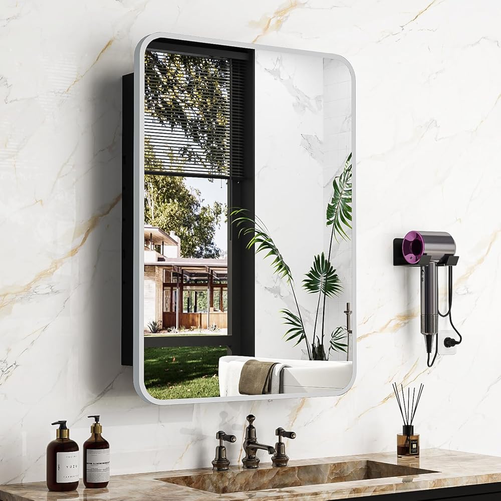 20x28 Inch Brushed Silver Recessed Medicine Cabinet with Mirror Metal Framed Surface Wall Mounted Bathroom Medicine Cabinet Mirror with Storage
