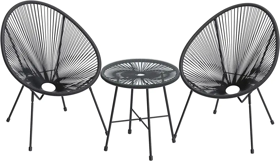 SONGMICS 3-Piece Seating Acapulco, Modern Patio Furniture, Glass Top Table and 2 Chairs Indoor and Outdoor Conversation Bistro Set, OneSize, Black