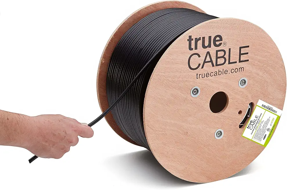 trueCABLE Cat5e Outdoor, Shielded F/UTP, 1000ft, UV Resistant, Aerial CMX Rated, Black, 24AWG Solid Bare Copper, 350MHz, PoE++ (4PPoE), ETL Listed, Bulk Ethernet Cable