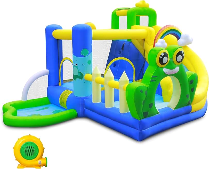 Inflatable Bounce House, Indoor Outdoor Bouncy House with Slide, Ball Pit and Climbing Wall, Inflatable Bouncer with Air Blower, Frog Jumper Bouncy Castle for Kids 3-10