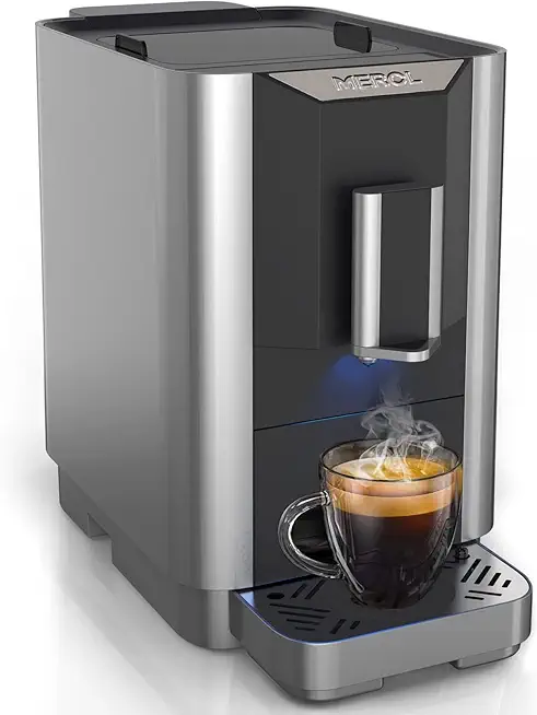 MEROL Super Automatic Espresso Coffee Machine, 19 Bar Barista Pump Coffee Maker with Adjustable Grinder, Touch Screen, Silver