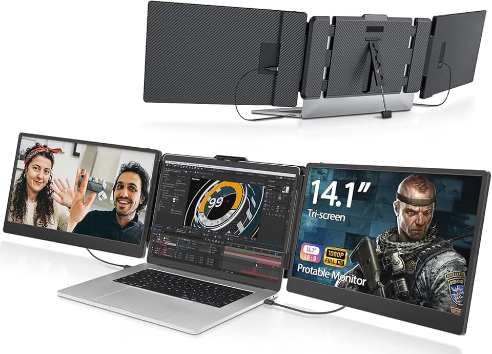 Triple Portable Monitor for Laptop, 14.1'' 1080P FHD Dual Laptop Screen Extender USB C HDMI, Plug-Play Laptop Monitor Extender for 13''-17.3'' Laptops, for Mac/Wins/Android/Switch