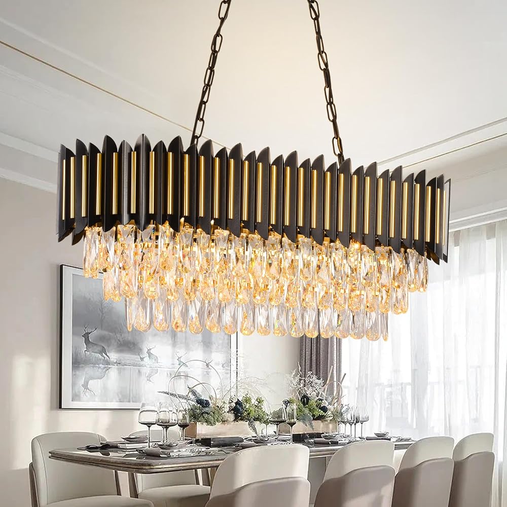 Modern Crystal Chandeliers for Dining Room 8-Light Black and Gold Chandelier Light Fixture Living Room Oval Farmhouse Ceiling Hanging Pendant Light Fixture for Kitchen Island Bar Bedroom L32
