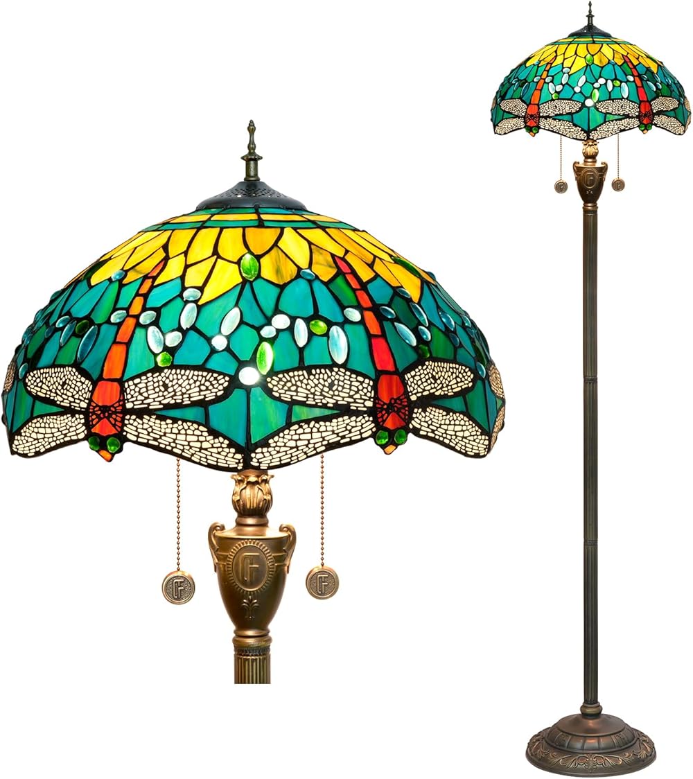 Tiffany Floor lamp Stained Glass Lamps for Living Room Bedroom Office Rustic Corner Standing Tall Vintage Light Kids Unique Pulling Chain Green Dragonfly Style Lighting