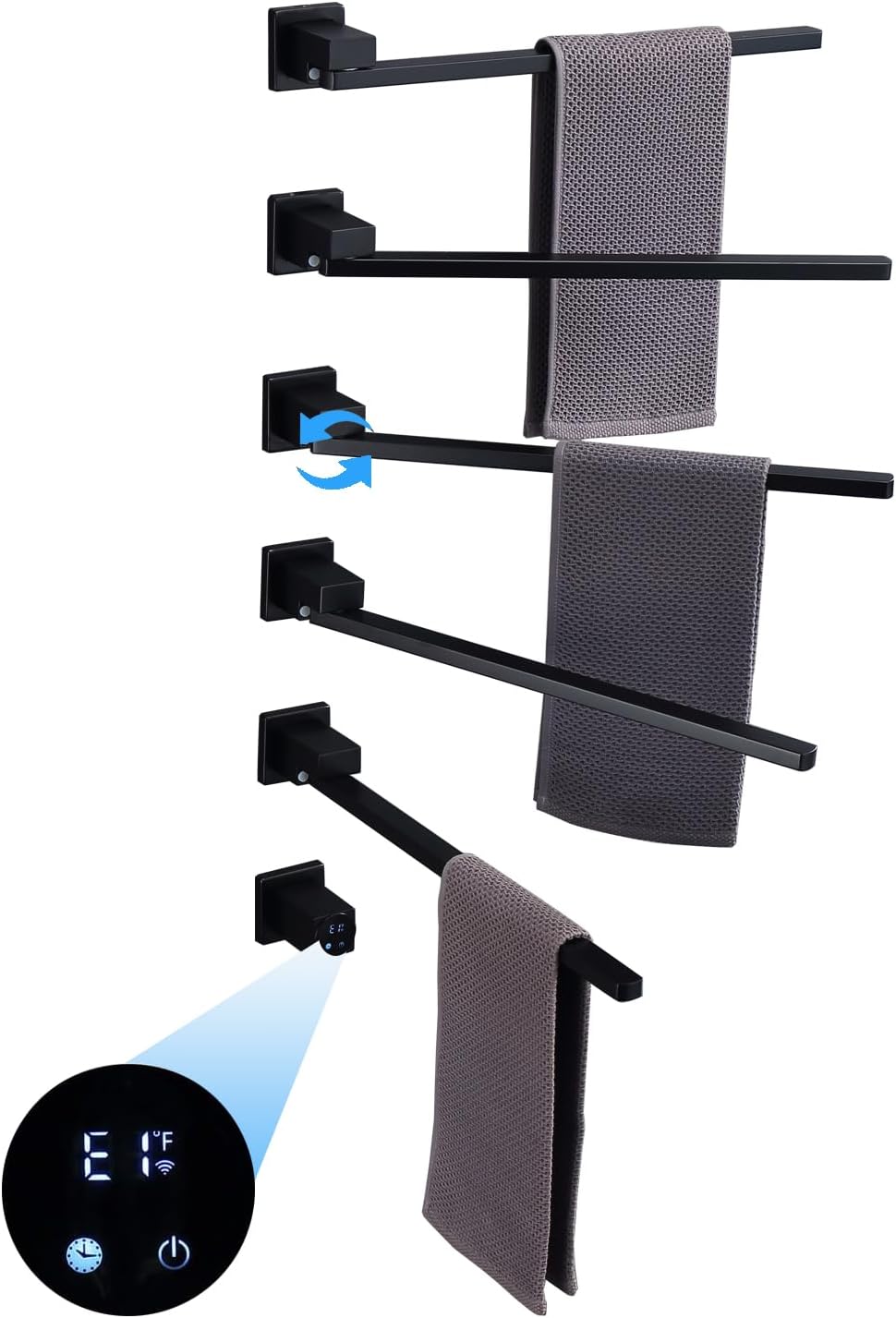 Smart WiFi Towel Warmer for Bathroom 93W Black Heated Towel Rack 180° Rotatable Towel Rack Built-in Timer, 115°F—145°F, 5 Bars Towel Heater Rack Hardwired Wall Mounted Hot Towel Rack