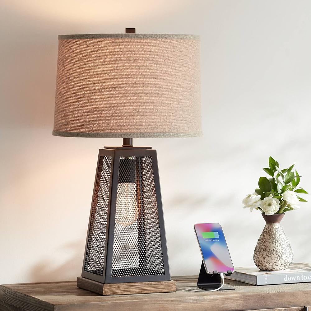 Franklin Iron Works Barris Rustic Industrial Table Lamp with USB Charging Port Nightlight LED Edison 26.75