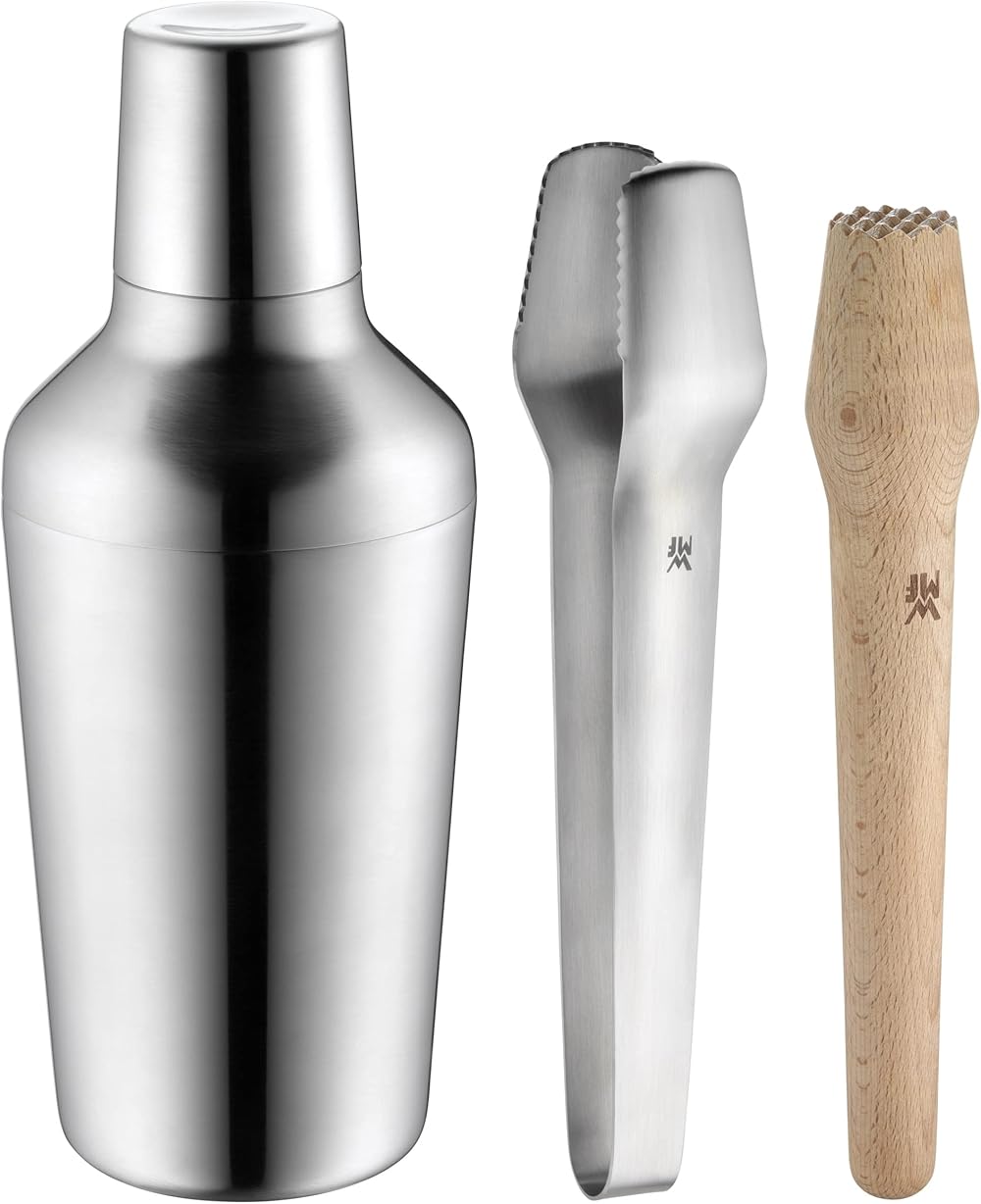 WMF Cromargan 5pc Stainless Steel/Beech Wood “Matrjoshka” bar Gift Set (Jigger, Tongs, Sieve, Pestle, Measure), Dishwasher Safe