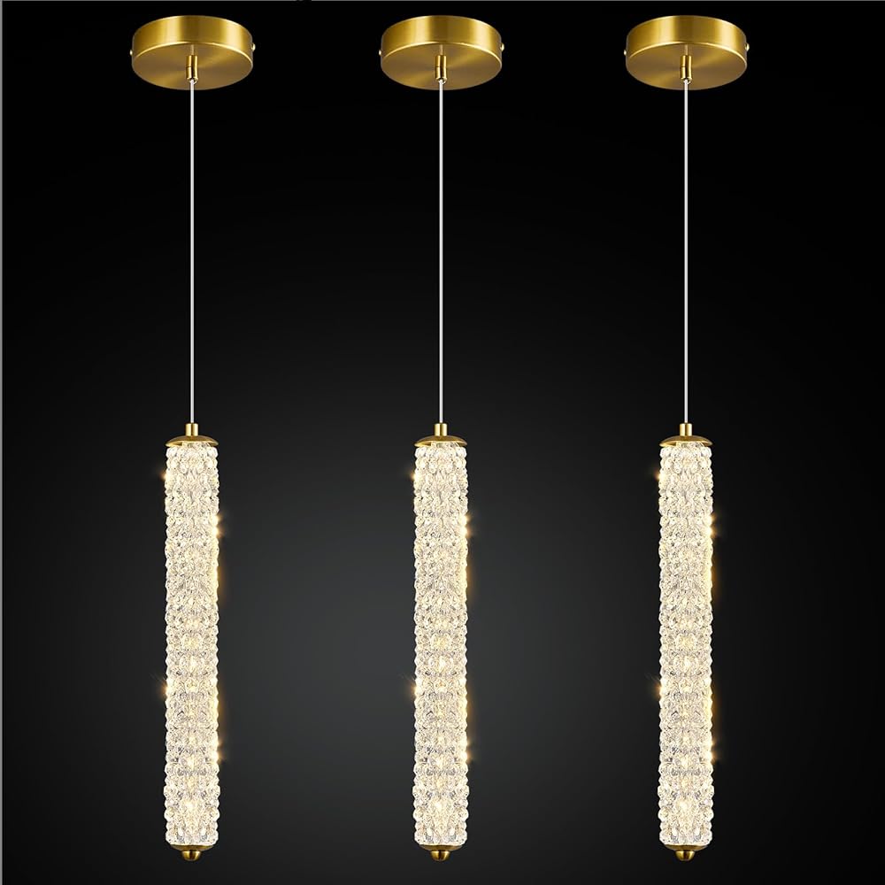 Modern Gold Pendant Lights 1-Light Mini Crystal kitchen pendant lighting over island, Pendant Light Fixture for Kitchen Island Restaurant Bedroom bar Bathroom (3-Pack)