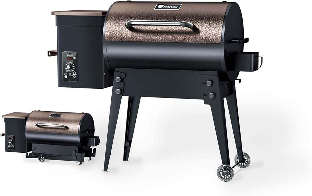 KingChii 2023 Upgrade Portable Wood Pellet Grill Multifunctional BBQ Grill with Automatic Temperature Control Foldable Leg for Backyard Camping Cooking Bake and Roast, 456 sq in Bronze