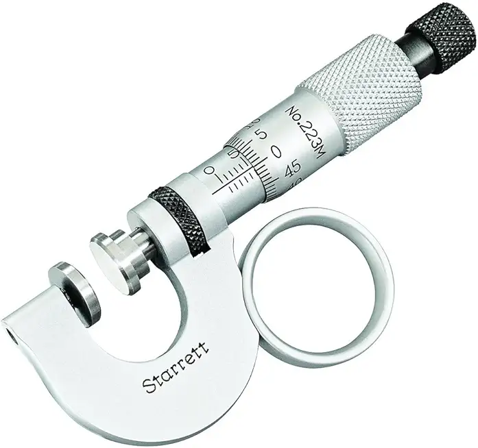 Starrett 223MRL Paper Gauge Micrometer, Ratchet Stop, Lock Nut, 0-8.75mm Range, 0.01mm Graduation