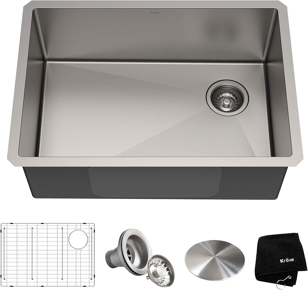 Kraus KHU110-27 Standart PRO 27-inch 16 Gauge Undermount Single Bowl Set (5 Item Bundle: Sink, Bottom Grid, Assembly, Drain Cap, Kitchen Towel), 27 Inch, Stainless Steel