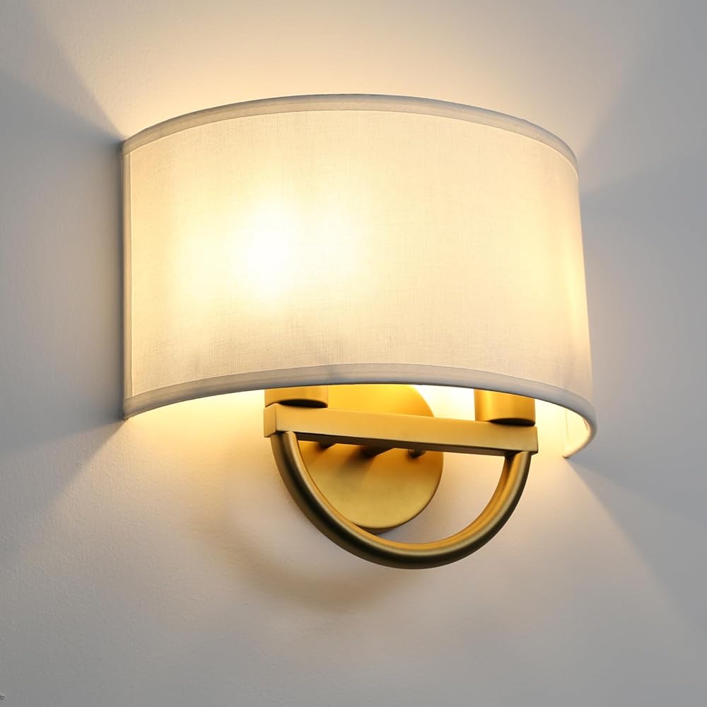 Industrial 2-Lights Wall Sconce Fixture with Fabric Shade, Double Arm Wall Light Lamps Decor for Hallway Bedroom Living Room Stairway