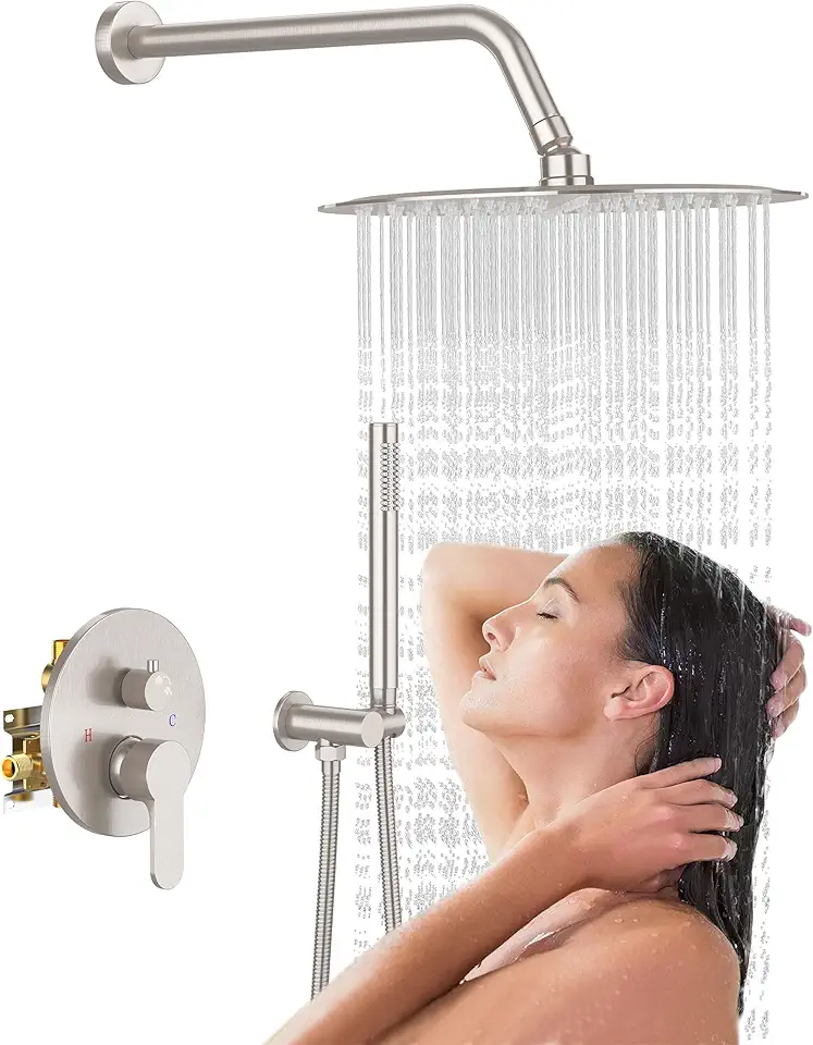 EMBATHER Metal Shower Faucet Sets - Overhead Rain Head Shower System with High Pressure Handheld Complete Combo and Mixer Valve Trim Kit - Brushed Nickel Rainfall Shower Fixture for Luxury Bathroom