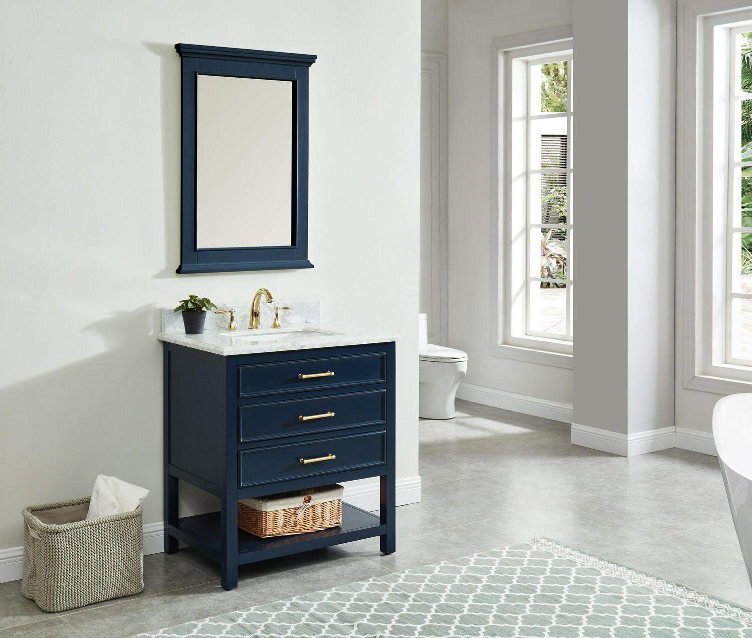 allen + roth Presnell 30-in Navy Blue Undermount Single Sink Bathroom Vanity with Carrara White Natural Marble Top