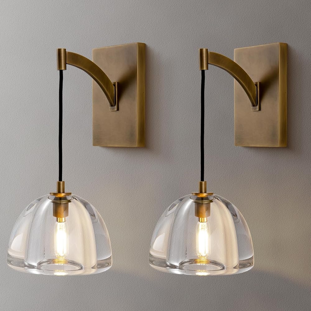 Hemisphere Crystal Modern Wall Sconce Set of Two, Brass Wall Lamp, Gold Wall Sconce Indoor Light for Bedroom Living Room Bathroom Vanity Hallway Light Fixtures, includes Bulbs