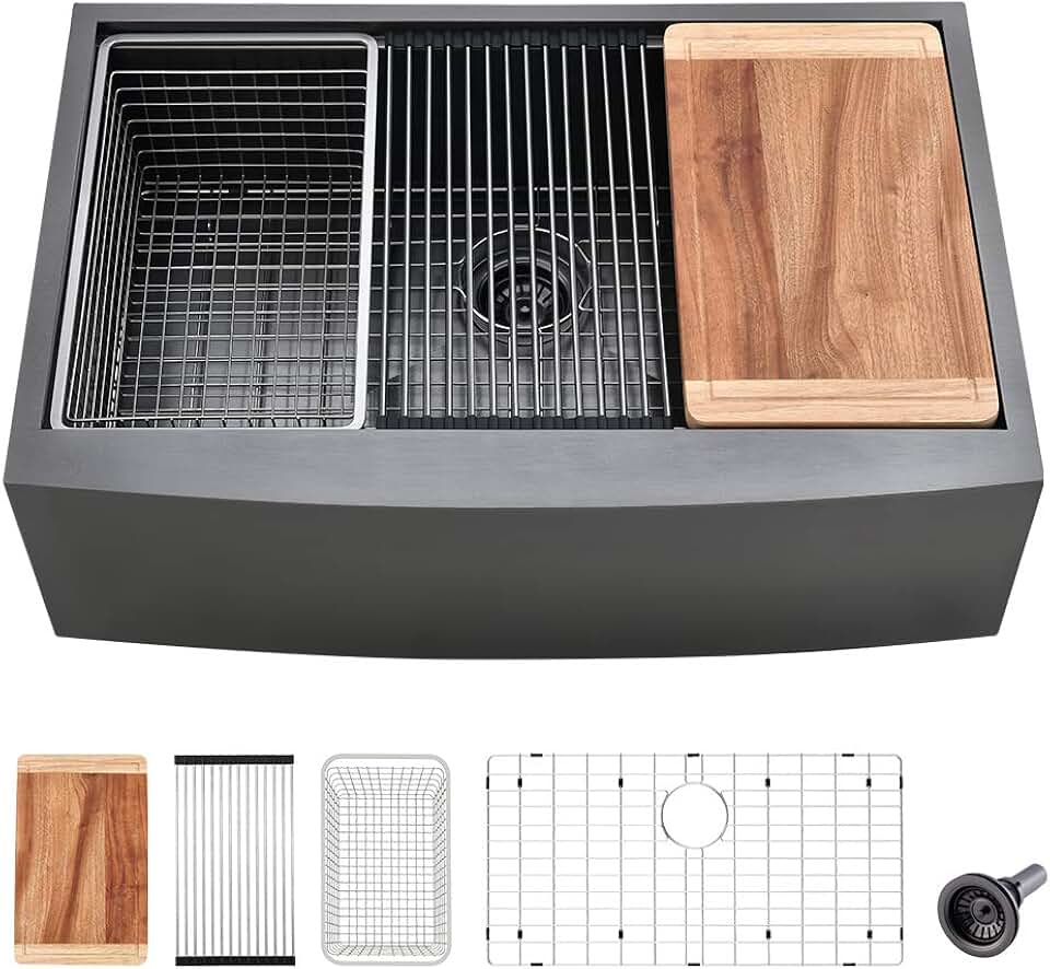 24 Inch Black Farmhouse Sink Workstation-VASOYO 24x22 Apron Front Farmhouse Kitchen Sink Workstation Gunmetal Black Stainless Steel Farm Sink 16 Gauge Single Bowl Deep Kitchen Sink with Cutting Board