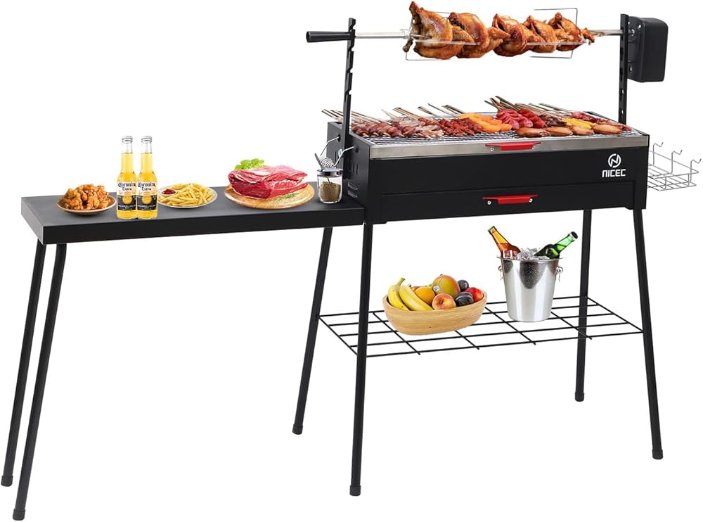 Nice C Charcoal Grill, Portable Charcoal Grill, Rotisserie Grill, Foldable Camping Barbecue with Detachable Table, Stainless Grills, and Storage Shelf for Camping, BBQ (Black)