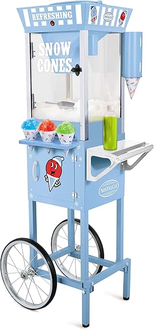 Snow Cone Shaved Ice Machine - Retro Cart Slushie Machine Makes 72 Icy Treats - Includes Metal Scoop, 2 Syrup Bottles, 100 Paper Cups/Spoons, Storage Compartment, Wheels - Blue, 54