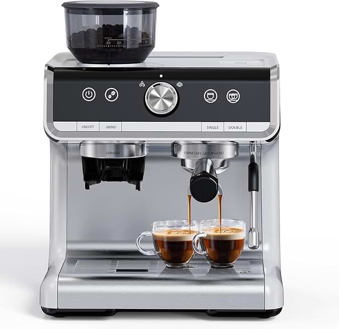 Semi-Automatic Espresso Machine - 1450W/20 Bar, 30 Grinder Settings, Fast Heating, Milk Frother Steam Wand, Home & Hotel Use, Silver