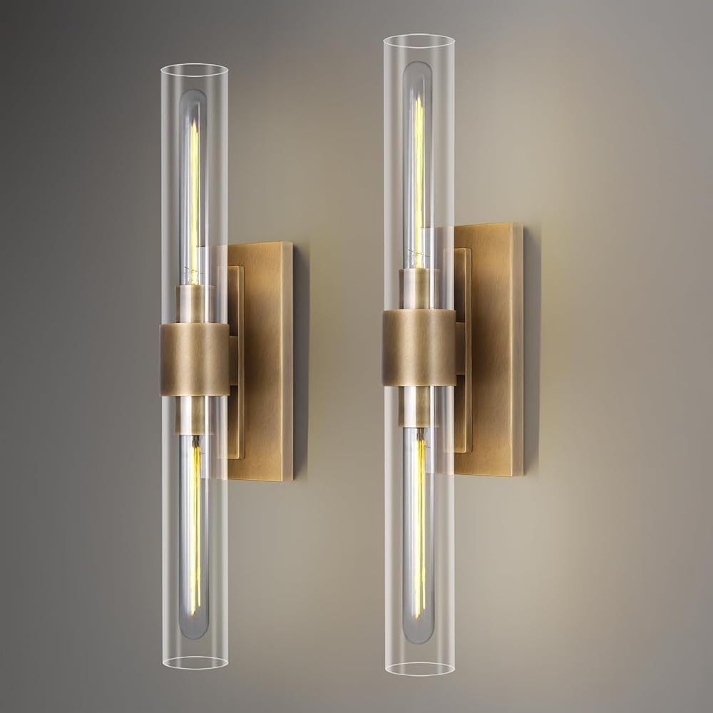 Brass Wall Sconces Set Of Two, 2-Light Dimmable Gold Sconces Wall Lighting 22.8 inches Bathroom Sconces Over Mirror With Tube Glass Vanity Lighting Wall Lamp Wall Lights For Living Room, Hallway
