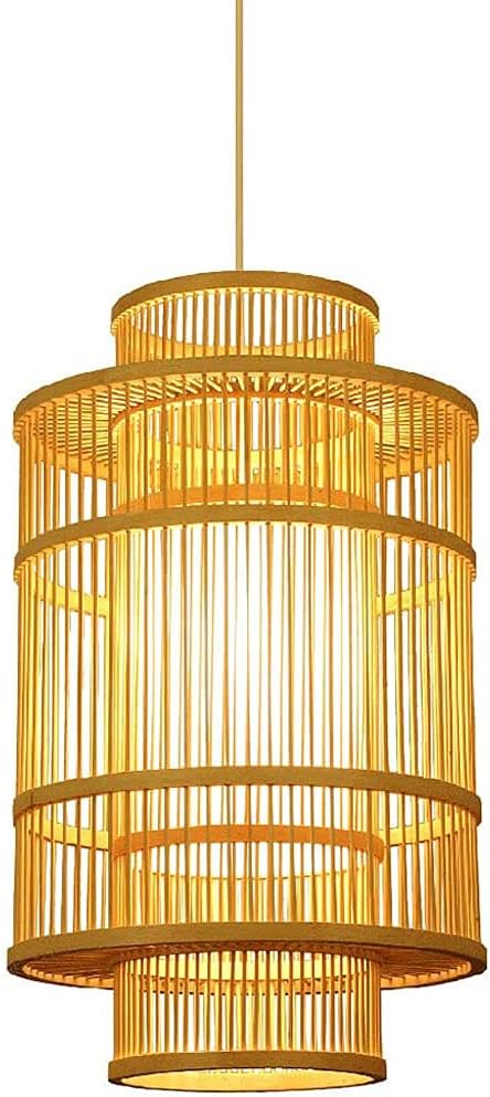 Hand-Woven Bamboo Pendant Light Double Shade Bamboo Silk Lamps Wicker Light Fixtures Ceiling Creative Birdcage Chandelier for Living-Dining Kitchen Island