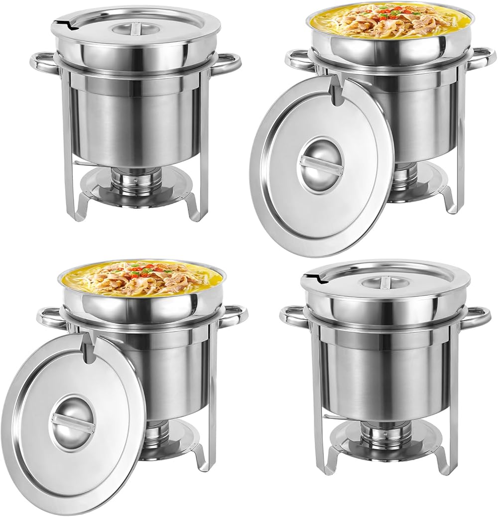 Soup Chafer 11QT Large Capacity Soup Chafer Sets of 4, Stainless Steel Round Soup Warmer w/Pot, Notched Lid & Fuel Holder, Catering Marmite for Party, Buffet, Event & Commercial Food Service