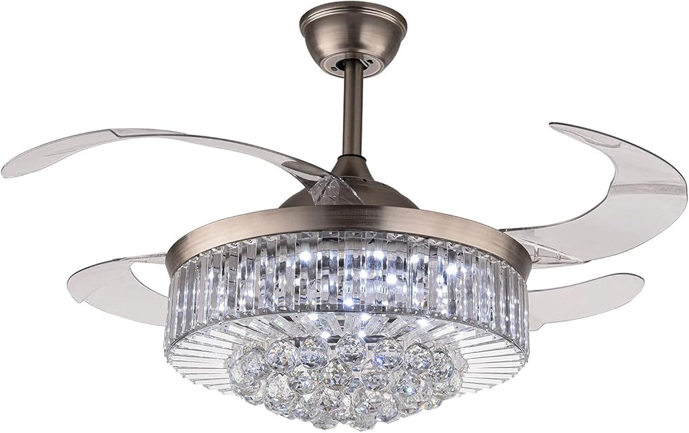 Modern Dimmable Fandelier Crystal Ceiling Fan with Lights and Remote Invisible Retractable Chandelier Fan Light LED Lighting-Polished Chrome 36 inch…
