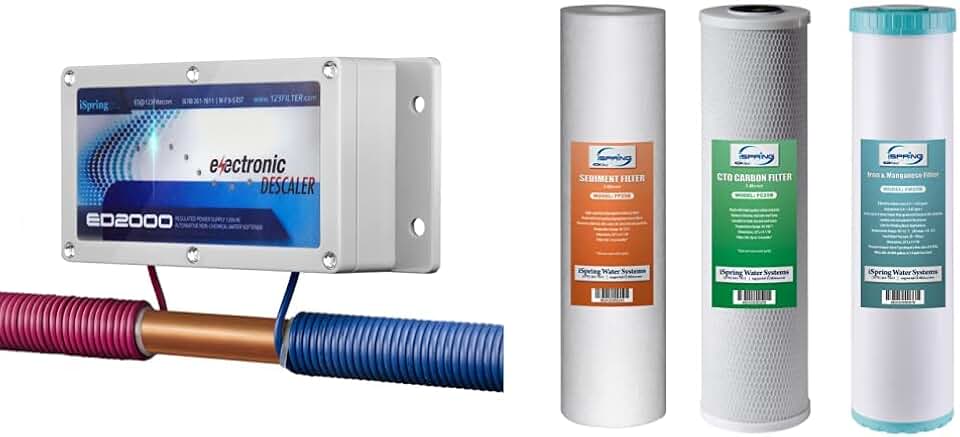 iSpring ED2000 Whole House Water Descaler, Alternative Electronic Salt-Free Hard Water Conditioner & F3WGB32BM 4.5” x 20” 3-Stage Whole House Water Filter Set Replacement Pack