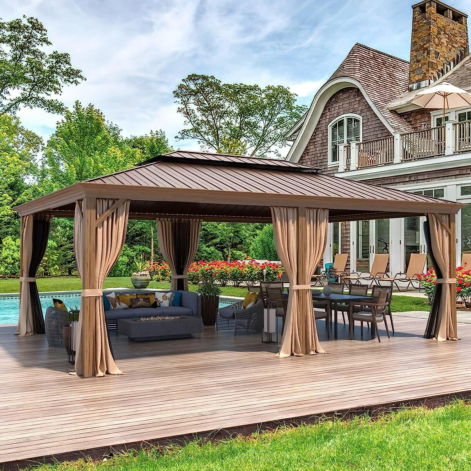 Richryce 14' x 20' Hardtop Gazebo, Wooden Finish Coated Aluminum Frame Canopy with Double Galvanized Steel Roof, Outdoor Permanent Metal Pavilion with Curtains and Nettings for Patio