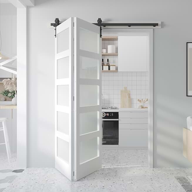 Double 30x84 Inch Glass Barn Doors with 64 Inch Bifold Hardware Track Kit