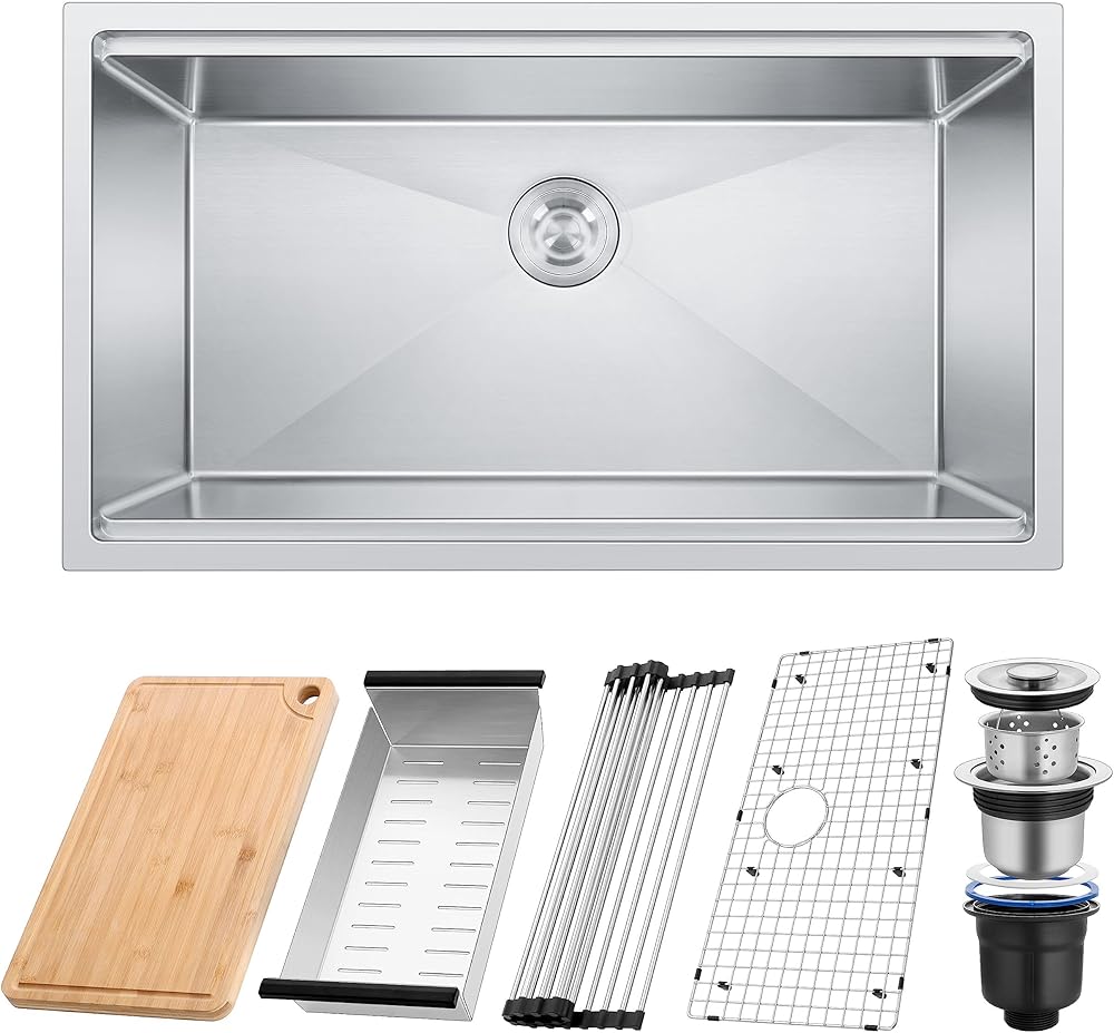 Homikit Undermount Kitchen Sink, 33x19 Inch Single Bowl Kitchen Sinks, 16 Gauge Stainless Steel Kitchen Sink, Brushed Nickel Farmhouse Workstation Sink with 5 Accessories, 10 Inch Deep Sink