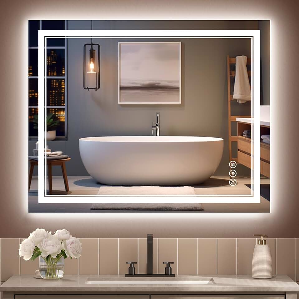 Bathroom Mirror with Lights 36x32 Inch, Acrylic Side & Upgraded Tempered Glass, Front and Backlit Lights, Anti-Fog, Dimmable, 3 Colors, CRI 90+ Brighter & Clearer (Horizontal & Vertical)