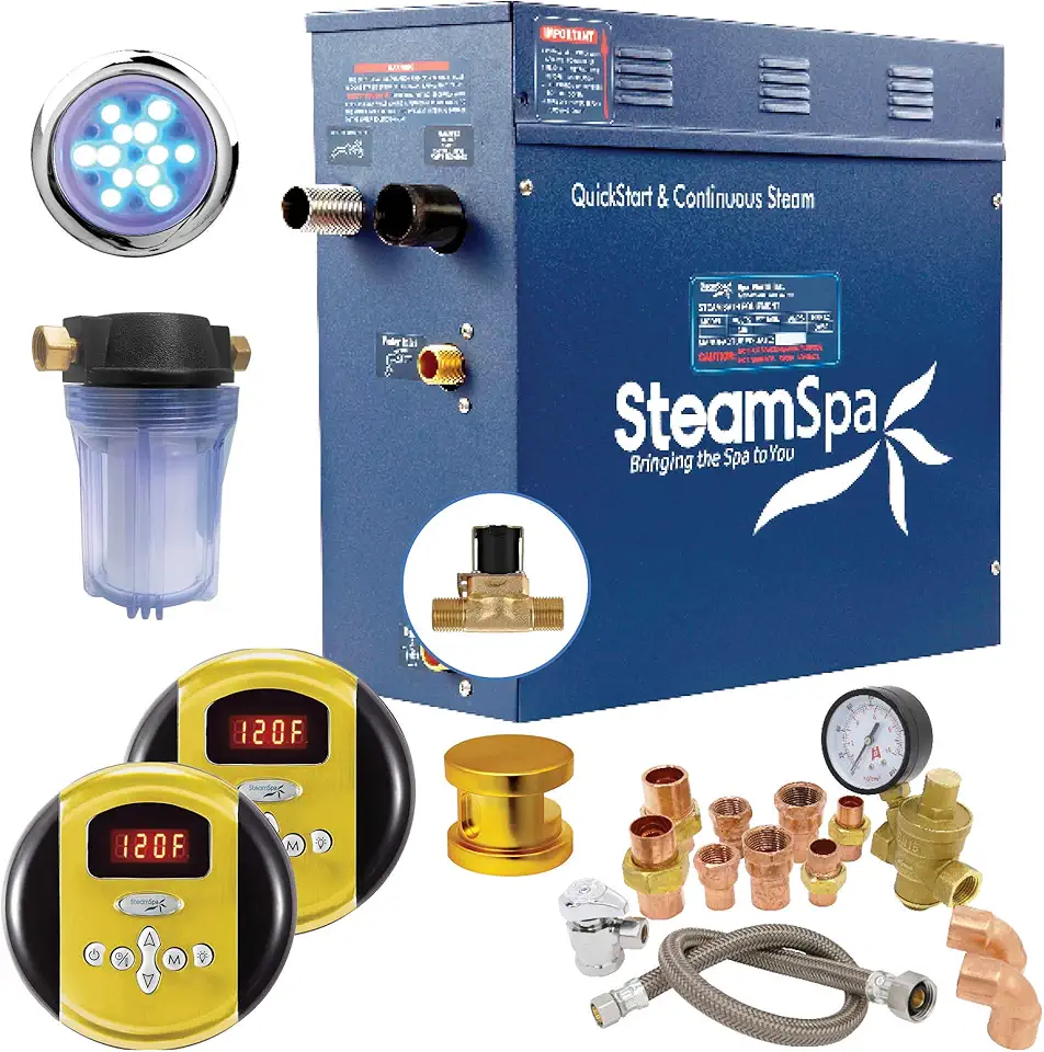 SteamSpa 9kW Steam Sauna Generator Executive Bundle 240V Steam Generator with Touch Pad, Steamheads, Pressure Relief Valve, Built-in Auto Drain, LED Light, Filter and Quick Install Kit EXR900GD-A