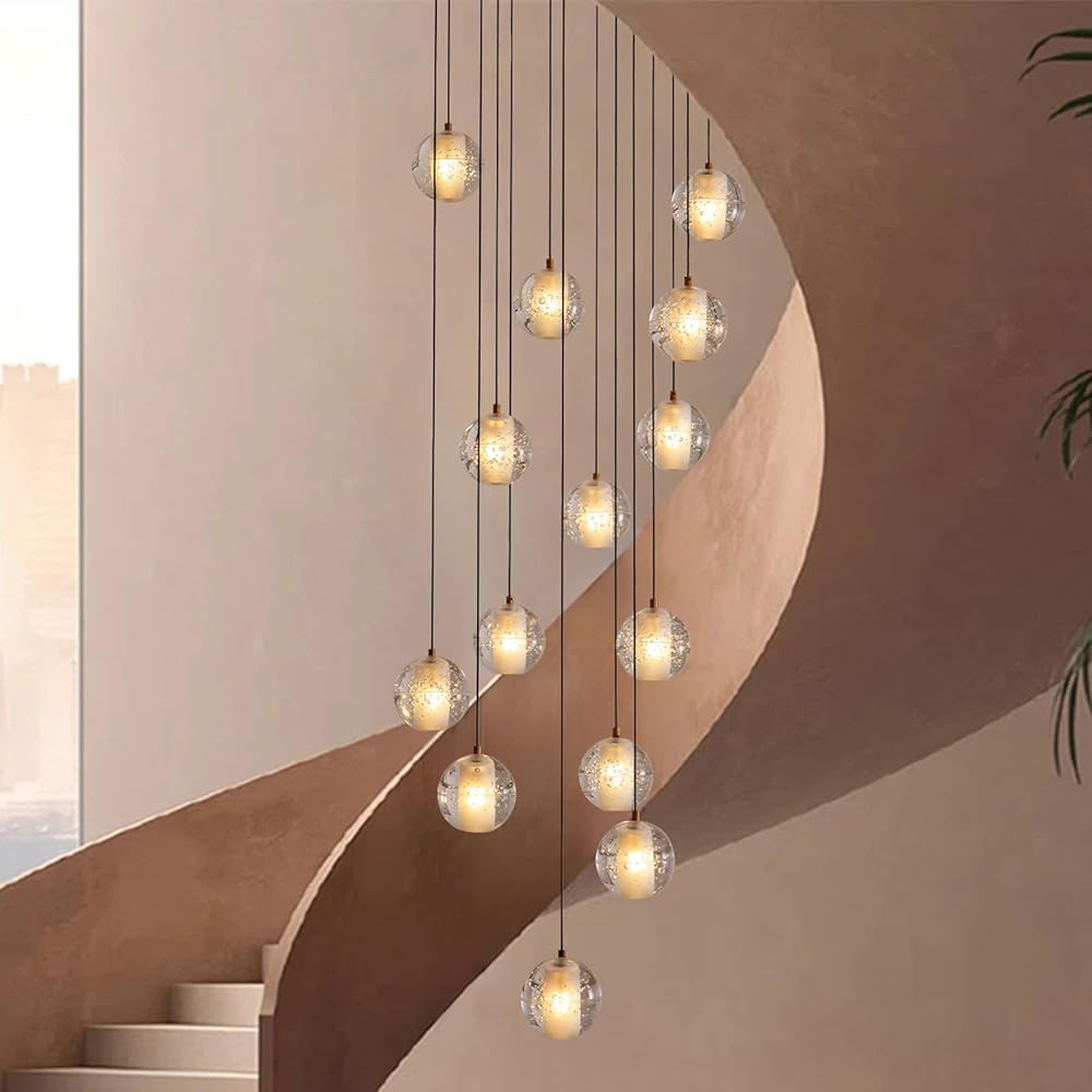 Crystal chandelier-14-Lights Staircase Chandelier for Living Room High Ceiling Foyer Pendant Lighting Fixture, Modern Gold Chandelier Spiral Stairwell Lighting Round Base Light, Warm Light