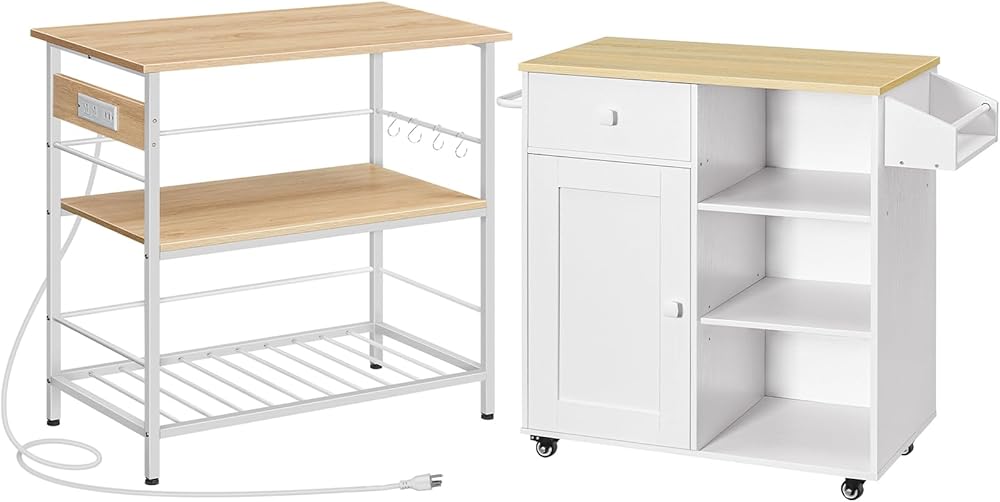HOOBRO Kitchen Island with Storage and Kitchen Island, Storage Cabinet with Drawer Bundle, 3 Tier Kitchen Island Table, for Home, Kitchen and Dining Room, White and Natural WN021ZD01-WN12ZD01
