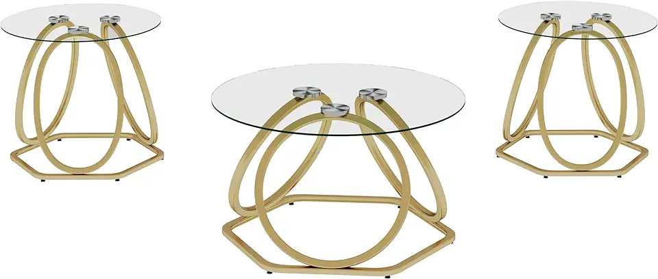 O&K FURNITURE Gold Coffee Table Set of 3,1 Gold Coffee Table and 2 Gold End Tables for Living Room, Modern Round Glass Tables with Hexagonal Base, Made of Tempered Glass and Metal Frames, Gold Finish